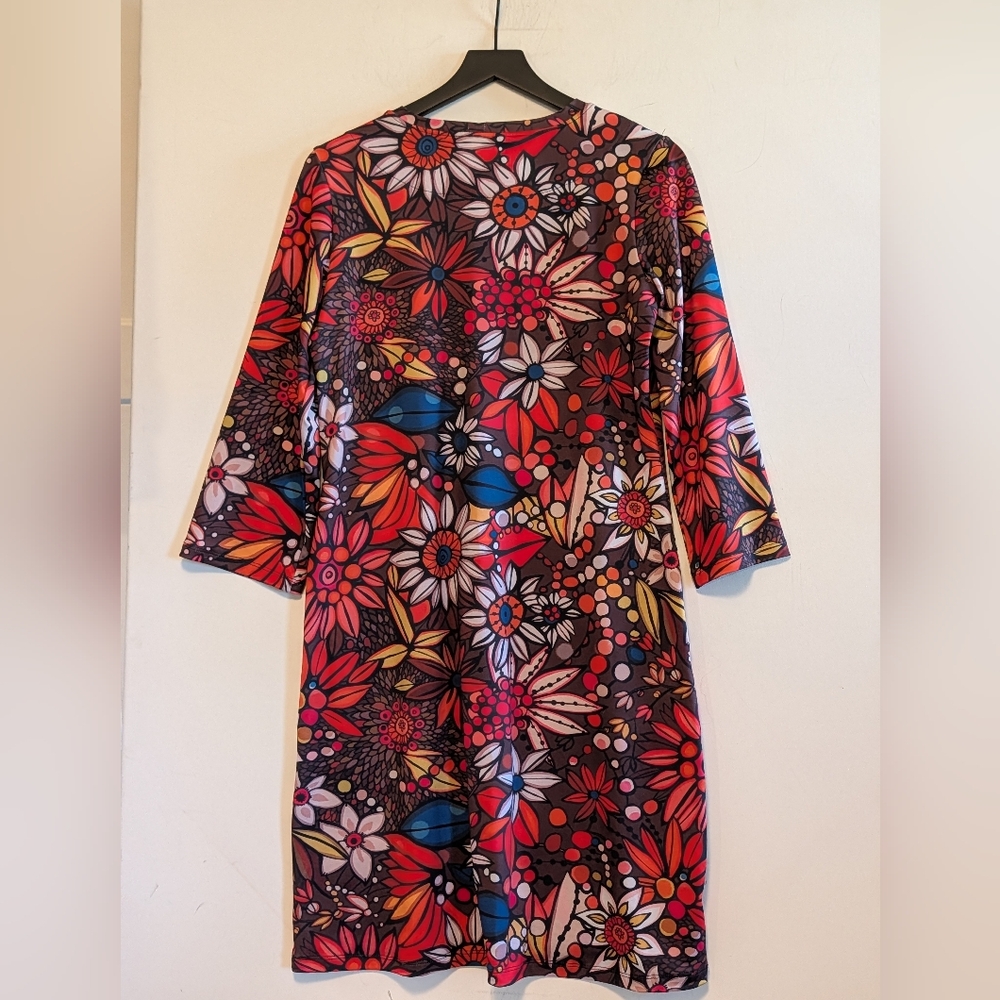 Lesley Evers Retro Floral Shift Dress Large 3/4 Sleeve Mod Print Bold Whimsical - Picture 5 of 5